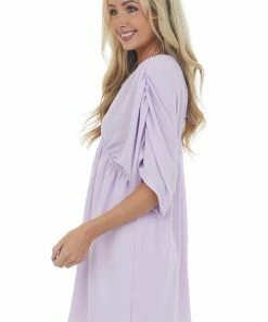 143 Story Dresses Lavender V Neck Cinch Waist Wide Sleeve Dress