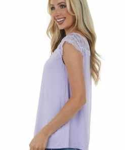 Hailey & Co Tops Lavender V Neck Knit Top With Lace Details