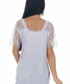 POL Clothing Lavender V Neck Short Sleeve Top With Lace Detail Tops 12 POL Clothing Lavender V Neck Short Sleeve Top With Lace Detail Tops