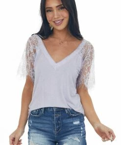 POL Clothing Lavender V Neck Short Sleeve Top With Lace Detail Tops
