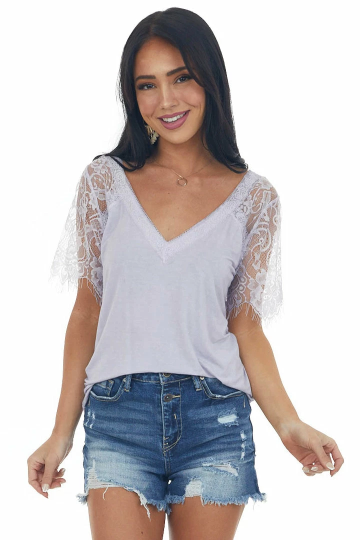 POL Clothing Lavender V Neck Short Sleeve Top With Lace Detail Tops 3 POL Clothing Lavender V Neck Short Sleeve Top With Lace Detail Tops