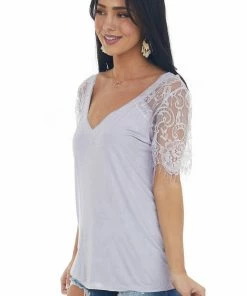 POL Clothing Lavender V Neck Short Sleeve Top With Lace Detail Tops 11 POL Clothing Lavender V Neck Short Sleeve Top With Lace Detail Tops