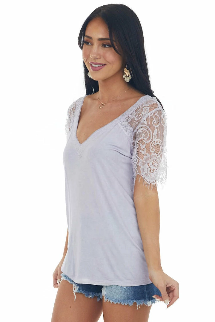 POL Clothing Lavender V Neck Short Sleeve Top With Lace Detail Tops 6 POL Clothing Lavender V Neck Short Sleeve Top With Lace Detail Tops