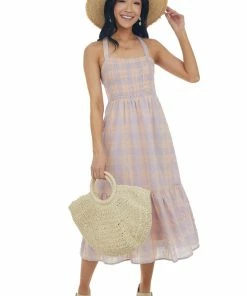 Lush Clothing Lavender And Peach Gingham Open Back Dress