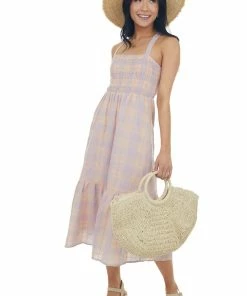 Lush Clothing Lavender And Peach Gingham Open Back Dress