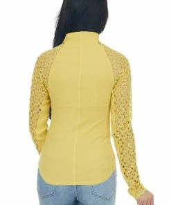 Aemi + Co Lemon Crochet Lace Long Sleeve Ribbed Top
