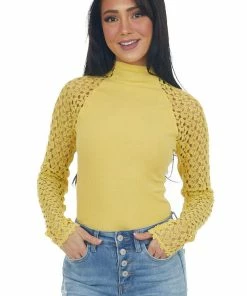 Aemi + Co Lemon Crochet Lace Long Sleeve Ribbed Top