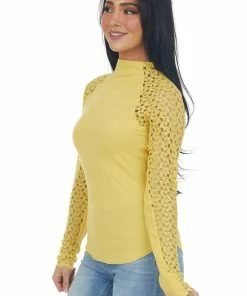 Aemi + Co Lemon Crochet Lace Long Sleeve Ribbed Top