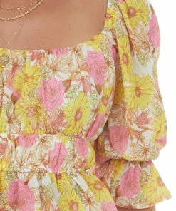 Flying Tomato Tops Lemon Floral Print Bubble Sleeve Peplum Blouse