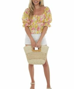 Flying Tomato Tops Lemon Floral Print Bubble Sleeve Peplum Blouse