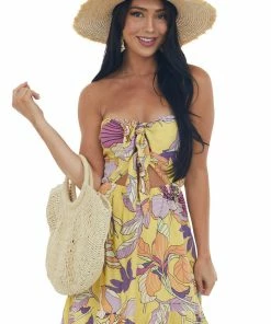 Illa Illa Dresses Lemon Floral Print Strapless Tie Front Mini Dress