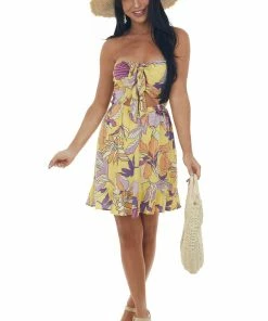 Illa Illa Dresses Lemon Floral Print Strapless Tie Front Mini Dress