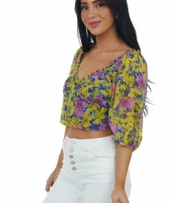 Lush Clothing Tops Lemon Floral Print Swiss Dot Surplice Crop Top