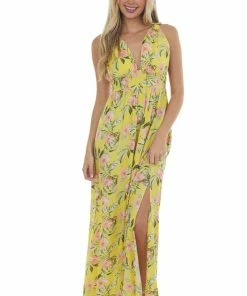 Timing Lemon Floral V Neck Sleeveless Maxi Dress Dresses