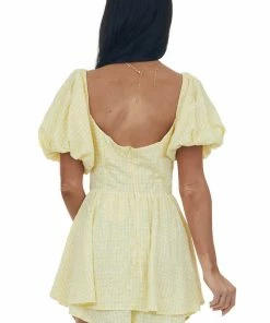 Sweet Lemon Lemon Gingham Print Layered Puff Sleeve Romper 13 Sweet Lemon Lemon Gingham Print Layered Puff Sleeve Romper