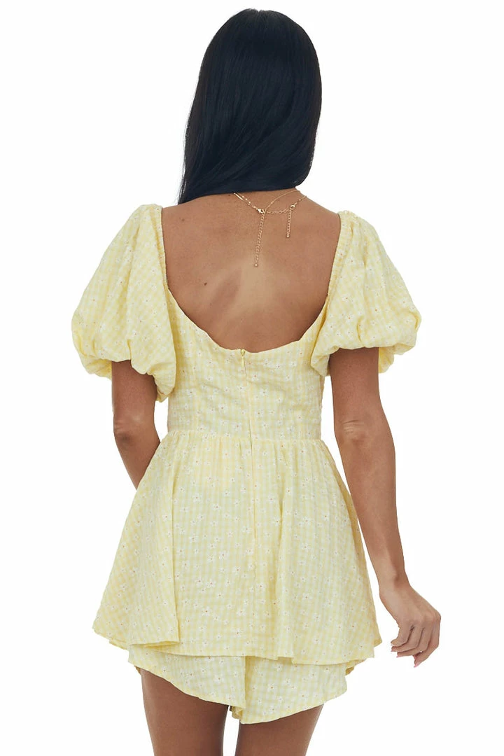 Sweet Lemon Lemon Gingham Print Layered Puff Sleeve Romper 7 Sweet Lemon Lemon Gingham Print Layered Puff Sleeve Romper