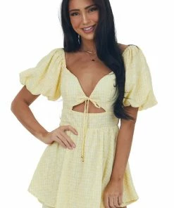 Sweet Lemon Lemon Gingham Print Layered Puff Sleeve Romper
