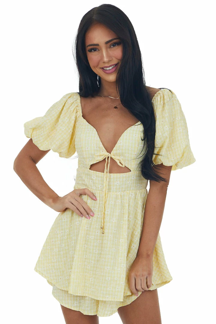 Sweet Lemon Lemon Gingham Print Layered Puff Sleeve Romper 3 Sweet Lemon Lemon Gingham Print Layered Puff Sleeve Romper