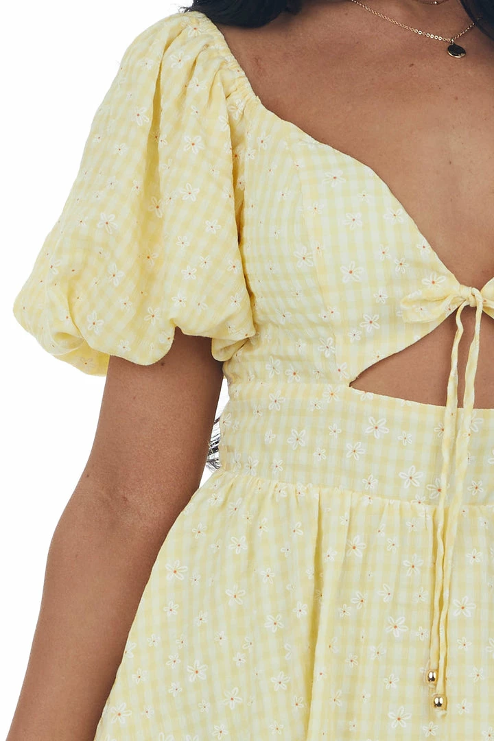 Sweet Lemon Lemon Gingham Print Layered Puff Sleeve Romper 8 Sweet Lemon Lemon Gingham Print Layered Puff Sleeve Romper