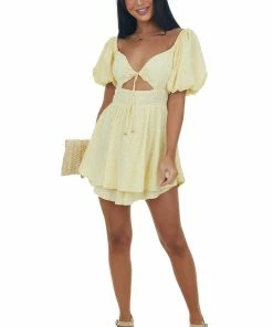 Sweet Lemon Lemon Gingham Print Layered Puff Sleeve Romper