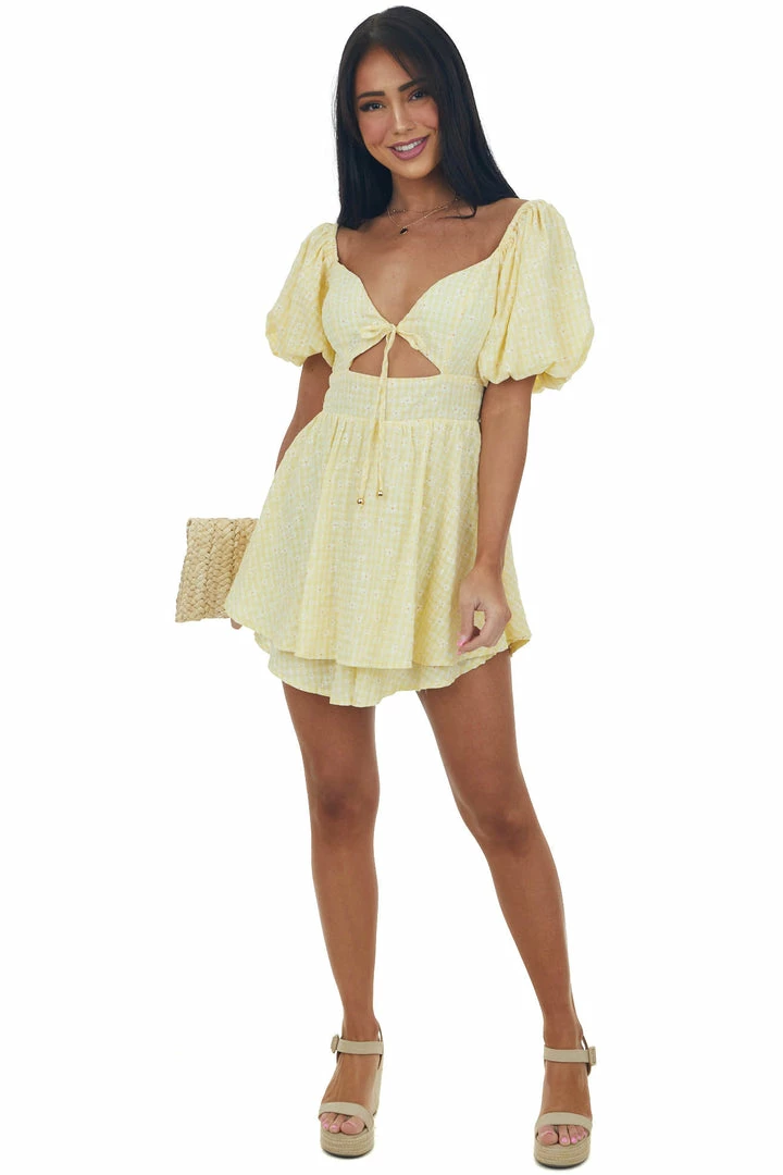 Sweet Lemon Lemon Gingham Print Layered Puff Sleeve Romper 4 Sweet Lemon Lemon Gingham Print Layered Puff Sleeve Romper