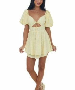 Sweet Lemon Lemon Gingham Print Layered Puff Sleeve Romper 11 Sweet Lemon Lemon Gingham Print Layered Puff Sleeve Romper