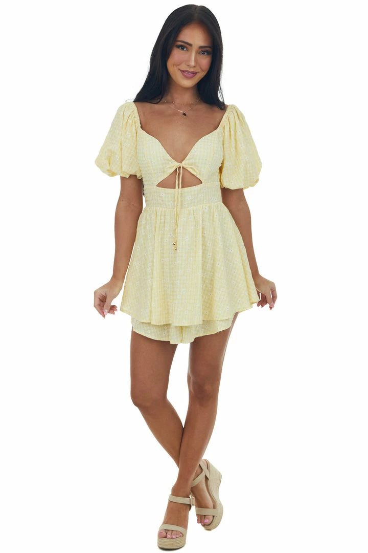 Sweet Lemon Lemon Gingham Print Layered Puff Sleeve Romper 5 Sweet Lemon Lemon Gingham Print Layered Puff Sleeve Romper