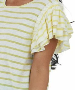 BiBi Lemon Striped Tiered Ruffle Sleeve Knit Top