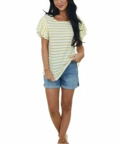 BiBi Lemon Striped Tiered Ruffle Sleeve Knit Top
