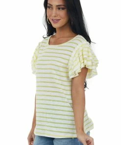 BiBi Lemon Striped Tiered Ruffle Sleeve Knit Top