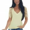 POL Clothing Lemon V Neck Short Sleeve Top With Lace Detail 2 POL Clothing Lemon V Neck Short Sleeve Top With Lace Detail