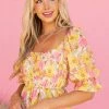 Flying Tomato Tops Lemon Floral Print Bubble Sleeve Peplum Blouse