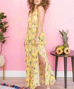 Timing Lemon Floral V Neck Sleeveless Maxi Dress Dresses