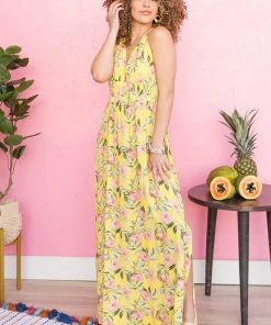 Timing Lemon Floral V Neck Sleeveless Maxi Dress Dresses