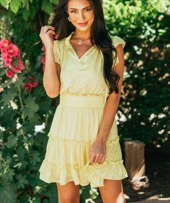 Glam Lemon High Notch Neck Smocked Waist Mini Dress Dresses