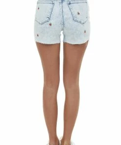 Judy Blue Light Acid Wash Cherry Embroidery Denim Shorts
