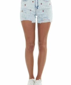 Judy Blue Light Acid Wash Cherry Embroidery Denim Shorts