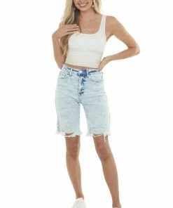 Risen Light Acid Wash High Rise Torn Bermuda Shorts Bottoms