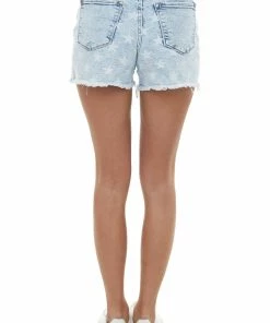 Judy Blue Light Acid Wash Star Print Frayed Denim Shorts Bottoms
