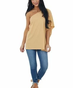 Ninexis Light Amber One Shoulder Textured Knit Top