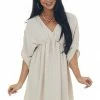 143 Story Light Beige V Neck Cinch Waist Wide Sleeve Dress