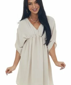 143 Story Light Beige V Neck Cinch Waist Wide Sleeve Dress