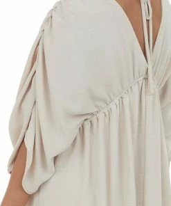 143 Story Light Beige V Neck Cinch Waist Wide Sleeve Dress
