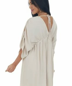 143 Story Light Beige V Neck Cinch Waist Wide Sleeve Dress