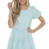 She + Sky Dresses Light Blue Textured Woven Short Drop Waist Tiered Dress
