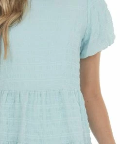She + Sky Dresses Light Blue Textured Woven Short Drop Waist Tiered Dress