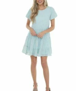 She + Sky Dresses Light Blue Textured Woven Short Drop Waist Tiered Dress