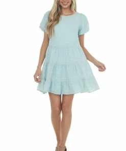 She + Sky Dresses Light Blue Textured Woven Short Drop Waist Tiered Dress