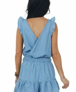 Very J Dresses Light Chambray Surplice Smocked Waist Romper