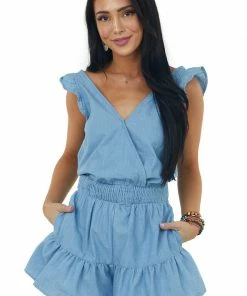Very J Dresses Light Chambray Surplice Smocked Waist Romper